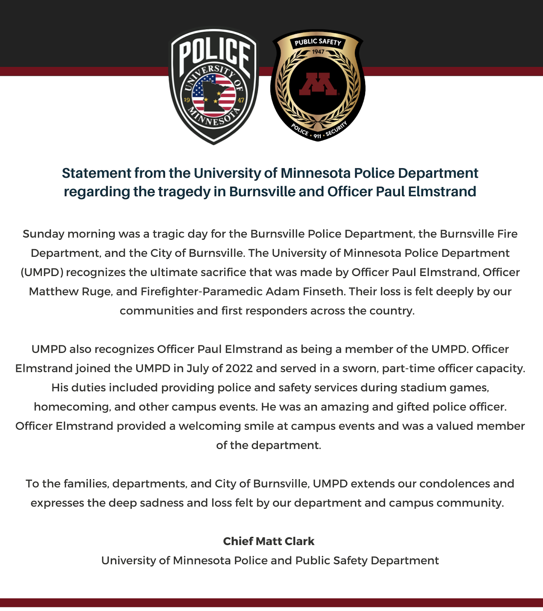 Statement form the University of Minnesota Police Department regarding the tragedy in Burnsville and Officer Paul Elmstrand